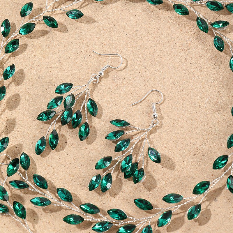Green Crystal Leaf Crown and Earrings - Bazaare Mart