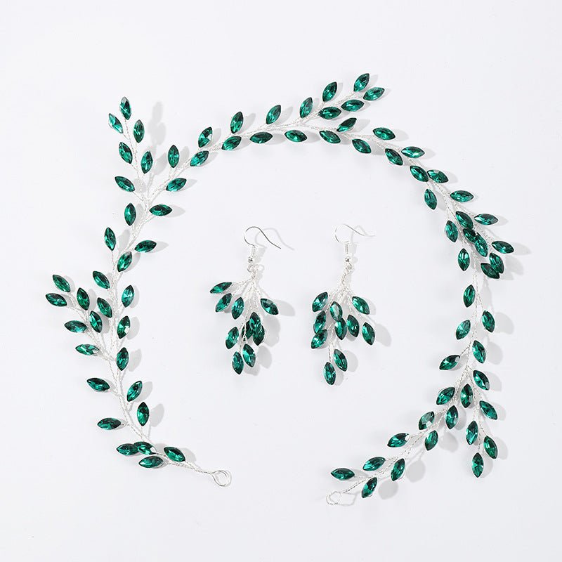 Green Crystal Leaf Crown and Earrings - Bazaare Mart