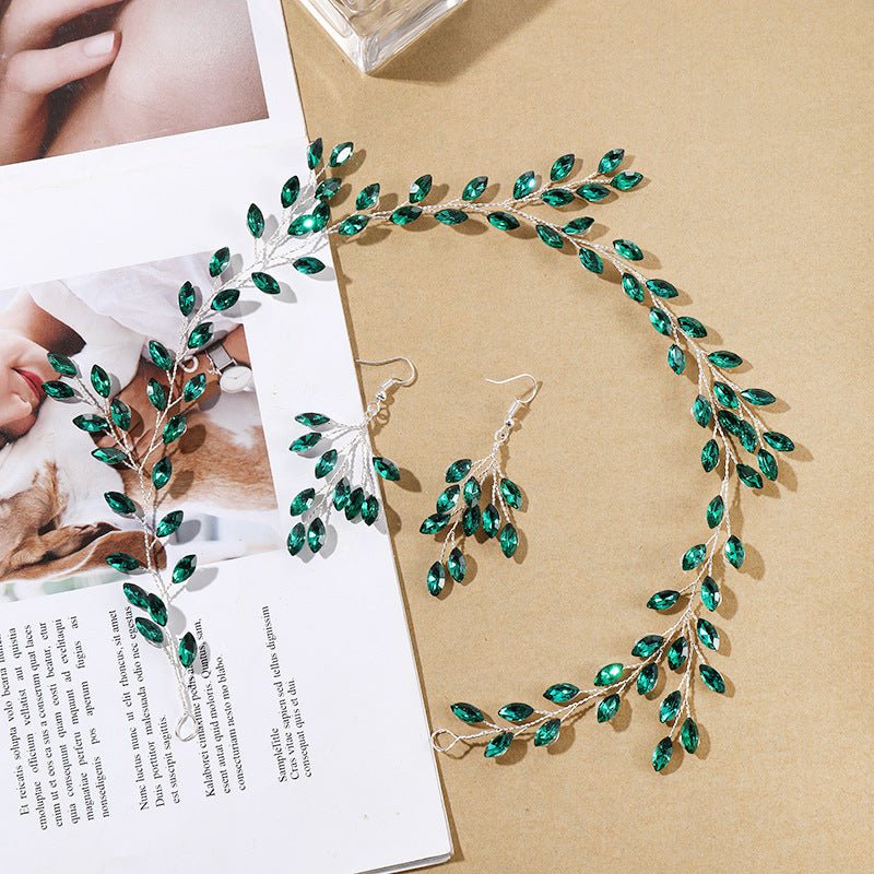Green Crystal Leaf Crown and Earrings - Bazaare Mart