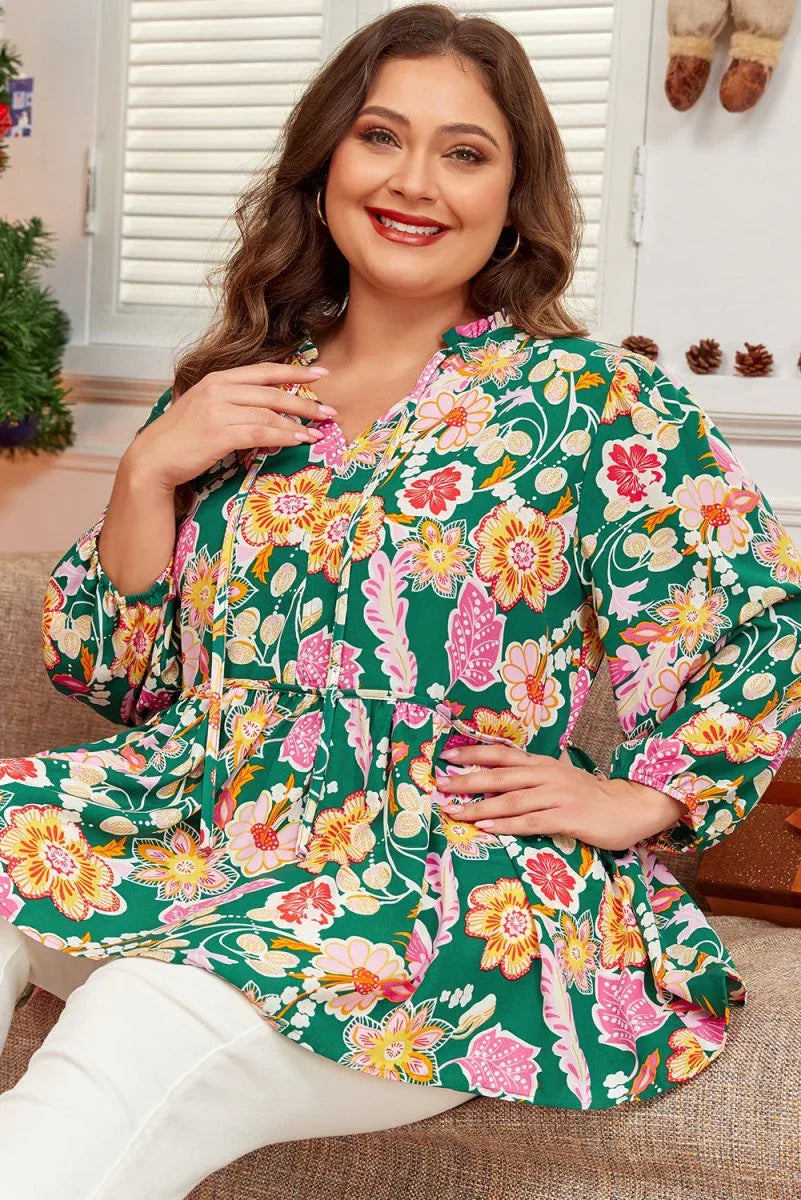 Green Floral Long Sleeve Babydoll Top Bazarre Mart Plus Size/Plus Size Tops/Plus Size Blouses & Shirts