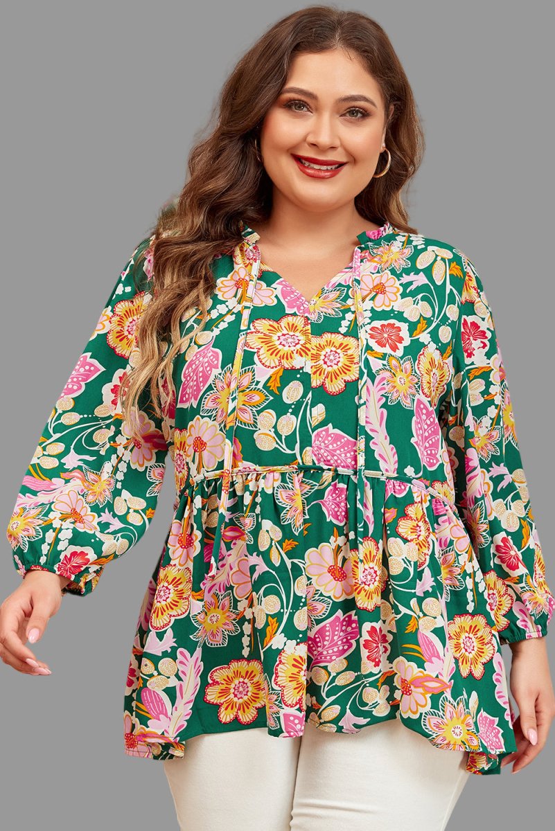 Green Floral Long Sleeve Babydoll Top - Bazaare Mart
