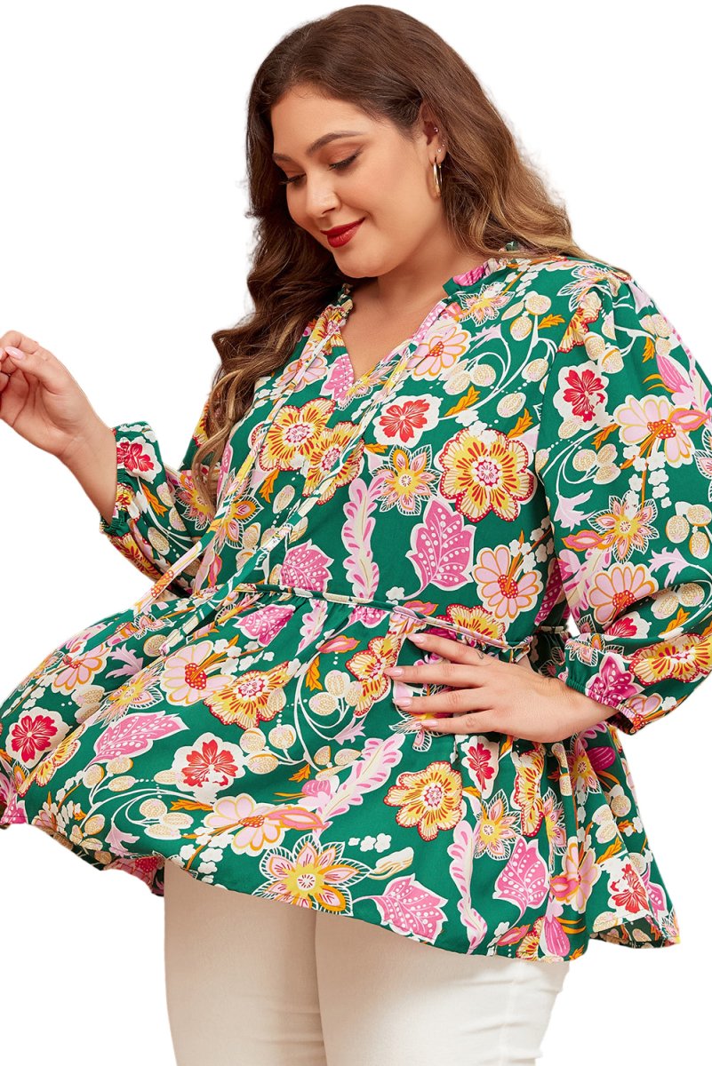 Green Floral Long Sleeve Babydoll Top - Bazaare Mart