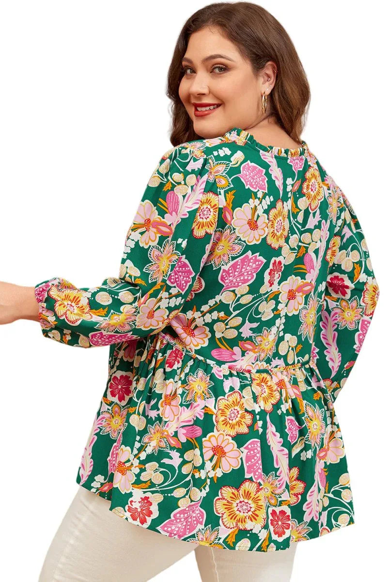 Green Floral Long Sleeve Babydoll Top Bazarre Mart Plus Size/Plus Size Tops/Plus Size Blouses & Shirts