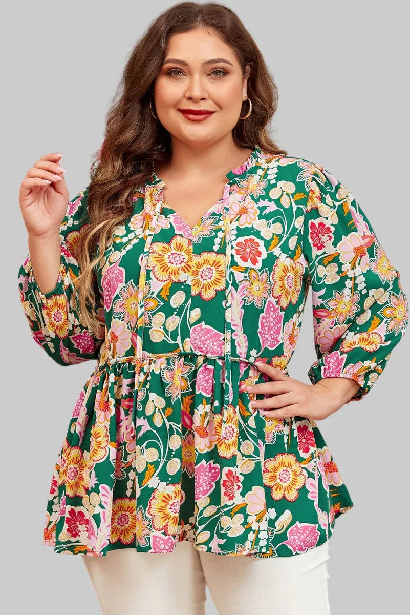 Green Floral Long Sleeve Babydoll Top Bazarre Mart Plus Size/Plus Size Tops/Plus Size Blouses & Shirts