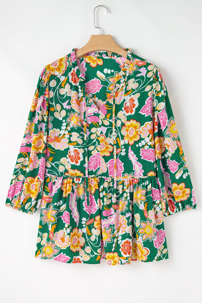Green Floral Long Sleeve Babydoll Top - Bazaare Mart