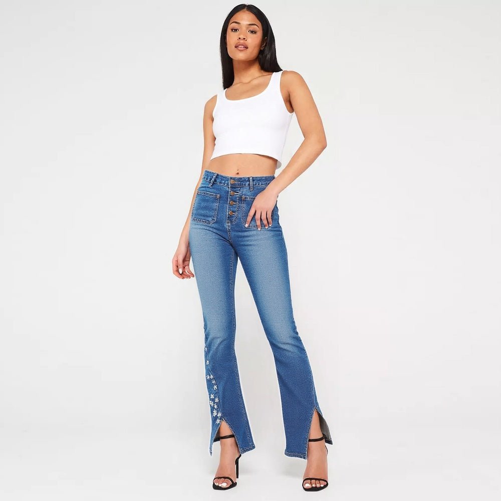High - Waist Embroidered Boot Cut Jeans - Bazaare Mart
