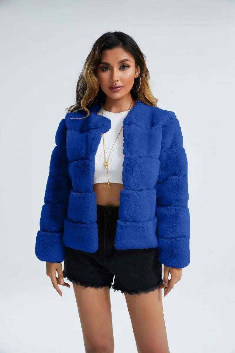 Horizontal Stitch Artificial Fox Fur Sapphire Blue Bazaare Mart Faux Fox Fur Jacket