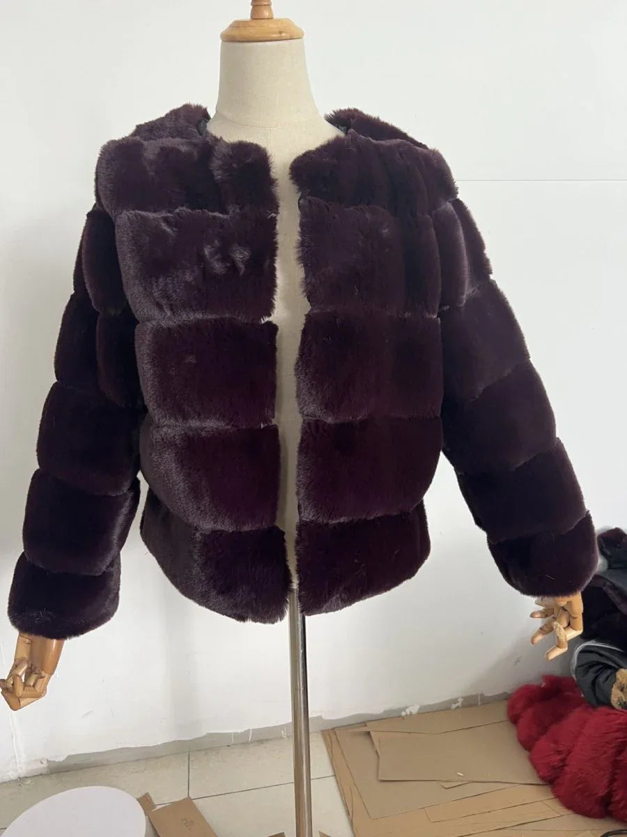 Horizontal Stitch Artificial Fox Fur Reddish Brown Bazaare Mart Faux Fox Fur Jacket