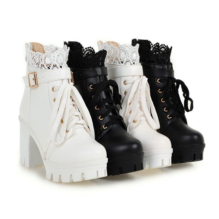 Lace High Block Heel Ankle Boots - Bazaare Mart
