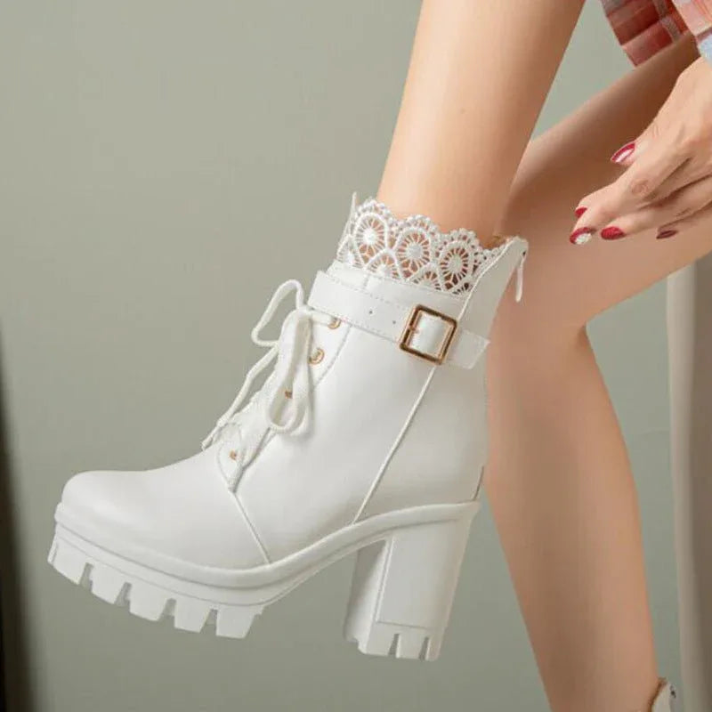 Lace High Block Heel Ankle Boots Bazaare Mart White High Heel Booties