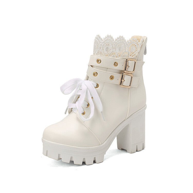 Lace High Block Heel Ankle Boots - Bazaare Mart