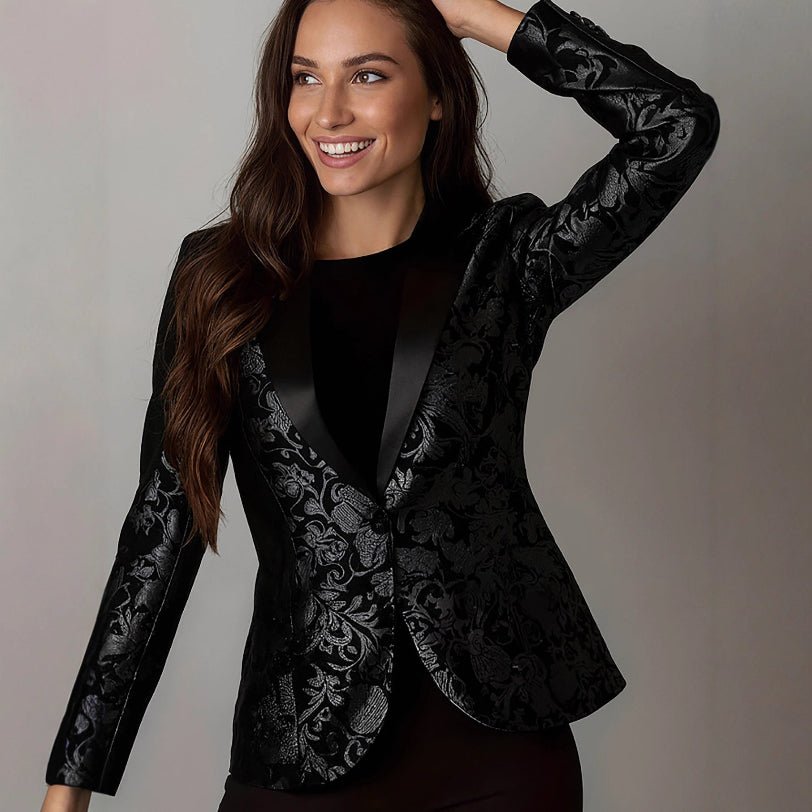 Ladies Black Embossed Stitch Tux Jacket - Bazaare Mart