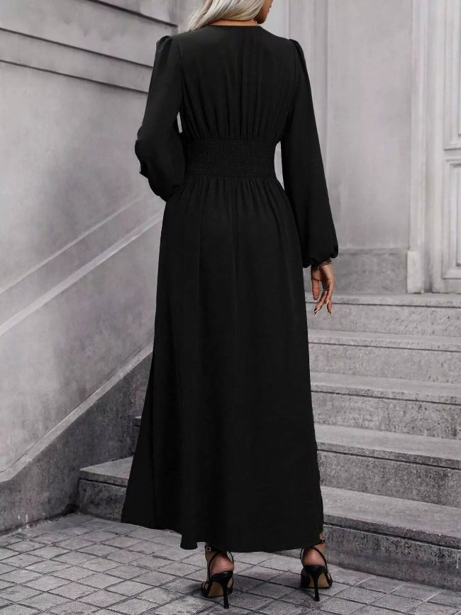 Long Balloon Sleeve V - Neck Maxi Dress - Bazaare Mart