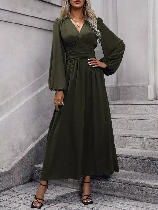 Long Balloon Sleeve V - Neck Maxi Dress - Bazaare Mart