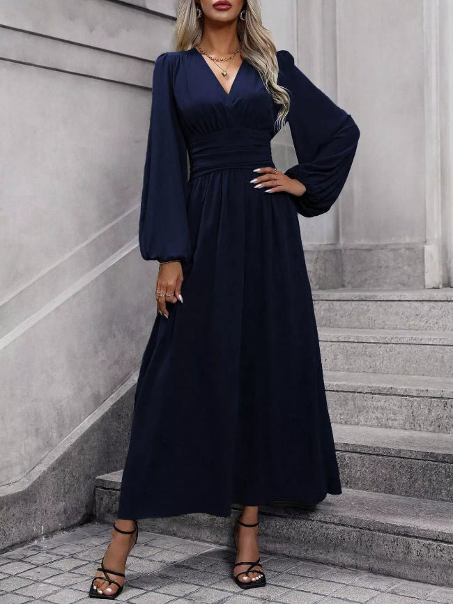 Long Balloon Sleeve V - Neck Maxi Dress - Bazaare Mart