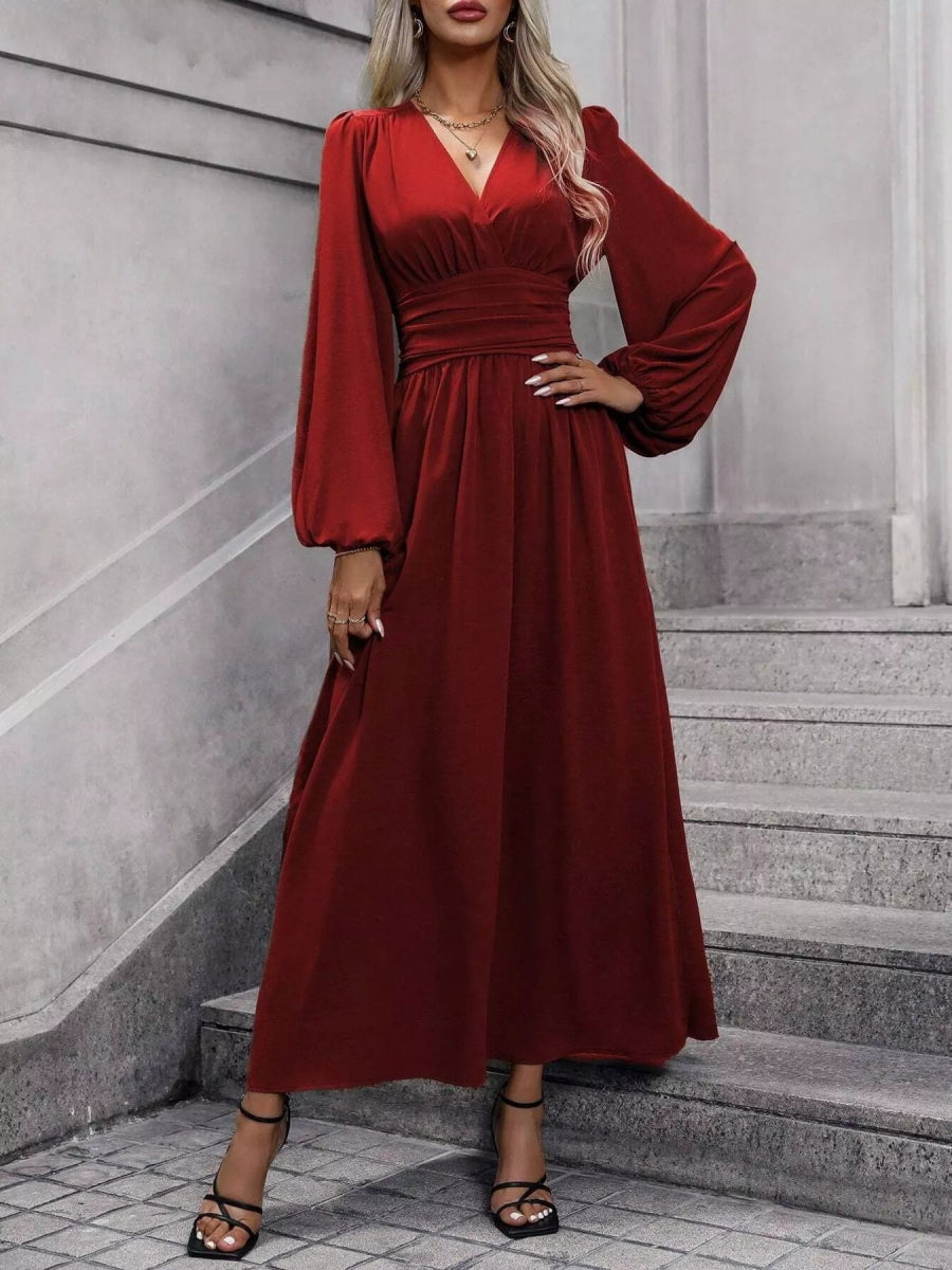 Long Balloon Sleeve V - Neck Maxi Dress - Bazaare Mart