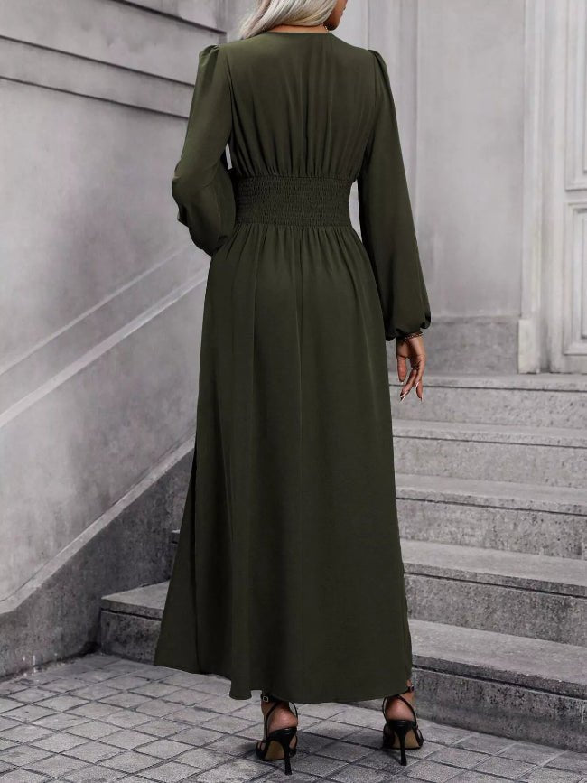 Long Balloon Sleeve V - Neck Maxi Dress - Bazaare Mart