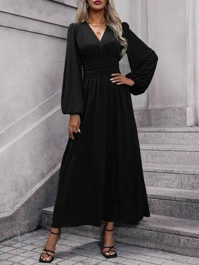 Long Balloon Sleeve V - Neck Maxi Dress - Bazaare Mart