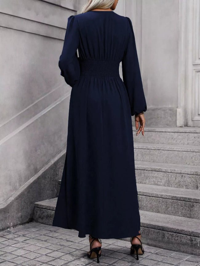 Long Balloon Sleeve V - Neck Maxi Dress - Bazaare Mart