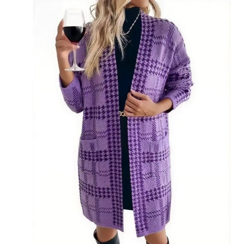 Long Open Front Plaid Houndstooth Cardigan - Bazaare Mart