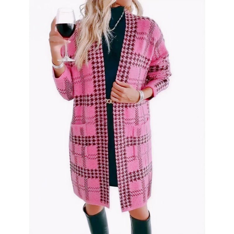 Long Open Front Plaid Houndstooth Cardigan - Bazaare Mart