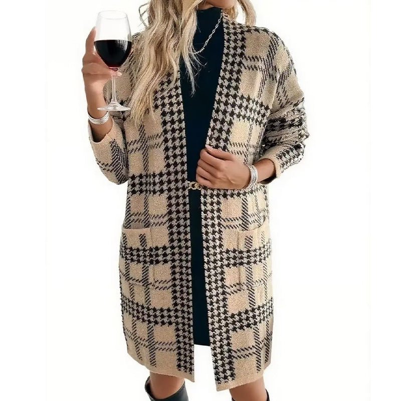 Long Open Front Plaid Houndstooth Cardigan - Bazaare Mart