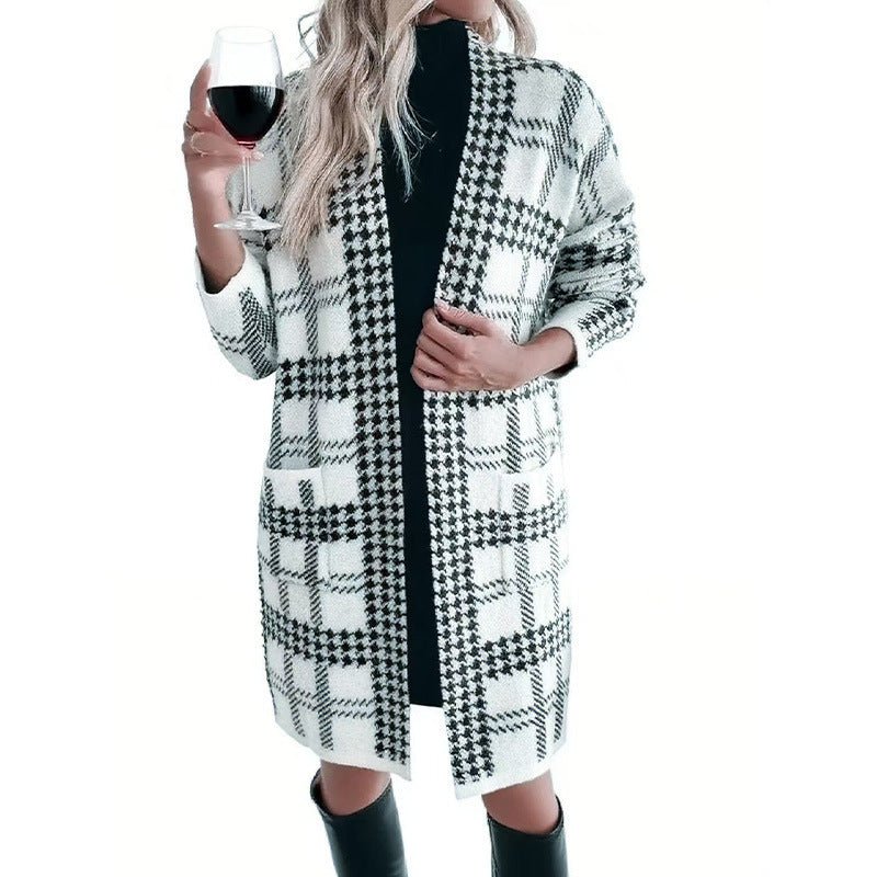 Long Open Front Plaid Houndstooth Cardigan - Bazaare Mart