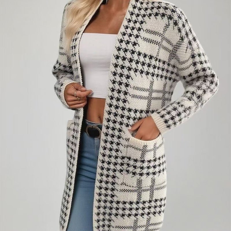 Long Open Front Plaid Houndstooth Cardigan - Bazaare Mart