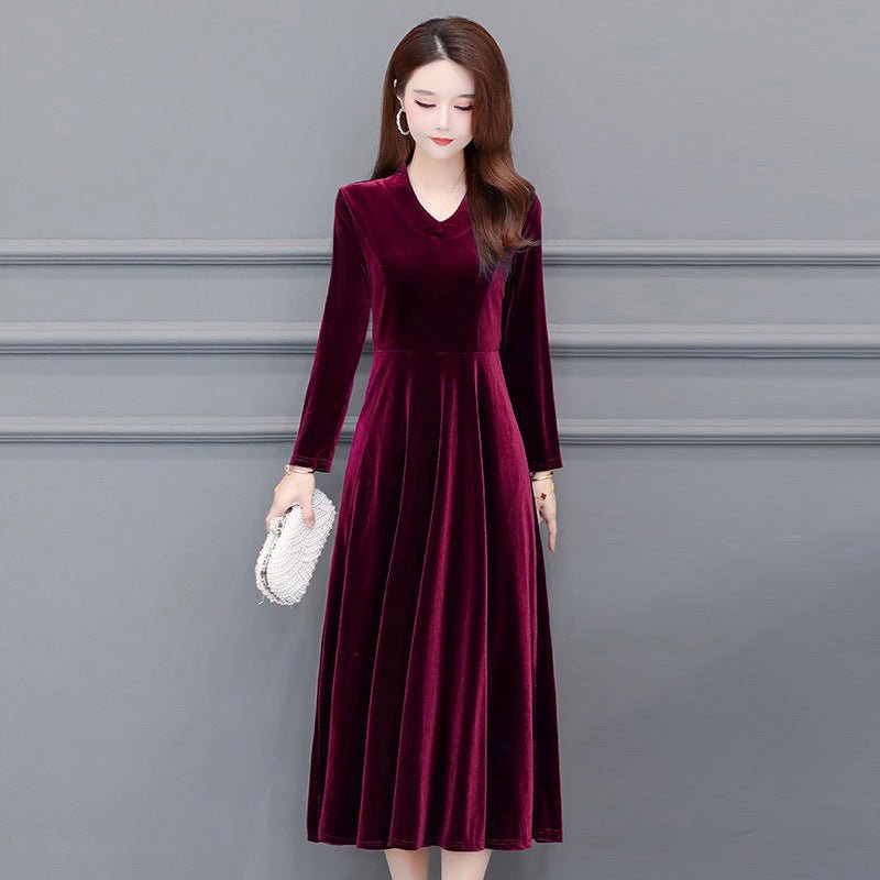 Long - Sleeve V - Neck Velvet Midi Dress - Bazaare Mart