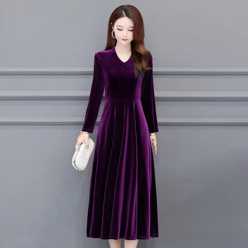 Long-Sleeve V-Neck Velvet Midi Dress Bazaare Mart Velvet Midi Dress