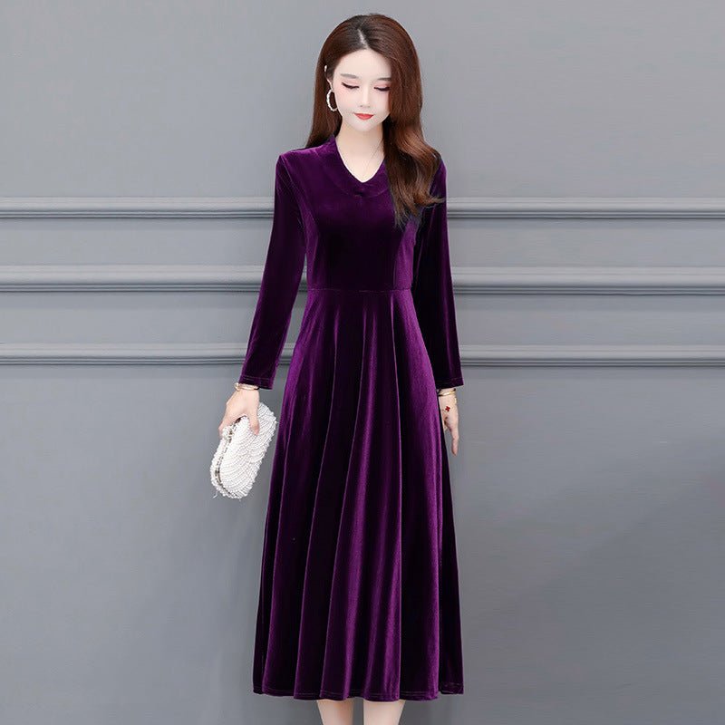 Long - Sleeve V - Neck Velvet Midi Dress - Bazaare Mart