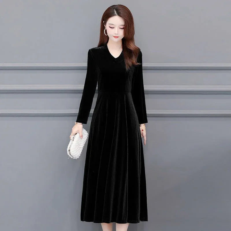 Long-Sleeve V-Neck Velvet Midi Dress Black Bazaare Mart Velvet Midi Dress