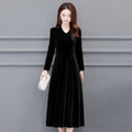 Long-Sleeve V-Neck Velvet Midi Dress Black Bazaare Mart Velvet Midi Dress