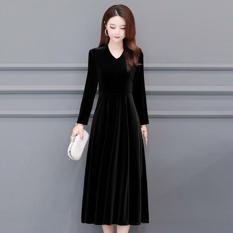 Long - Sleeve V - Neck Velvet Midi Dress - Bazaare Mart