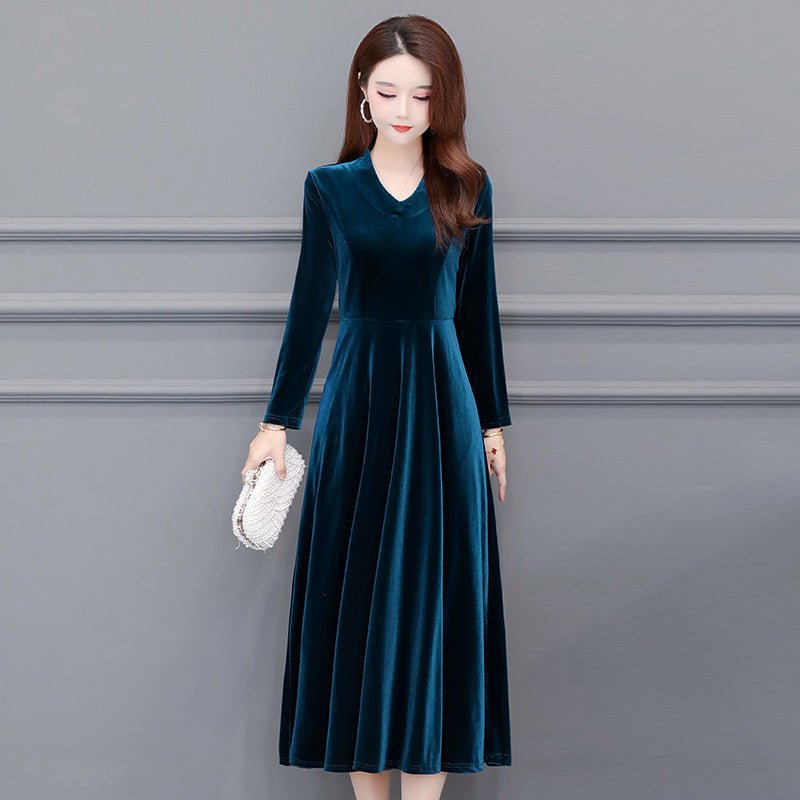Long - Sleeve V - Neck Velvet Midi Dress - Bazaare Mart