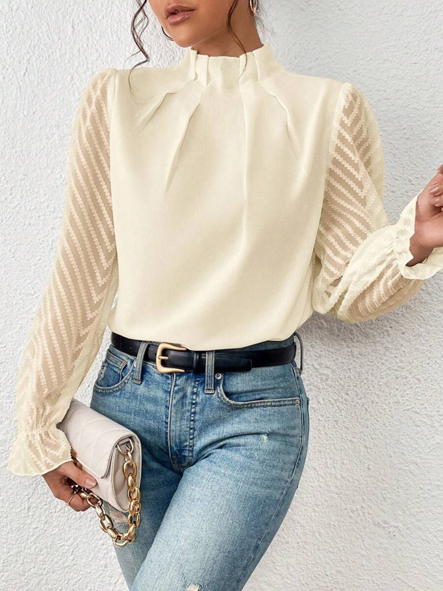 Mock Neck Long Chevron Sleeve Blouse - Bazaare Mart