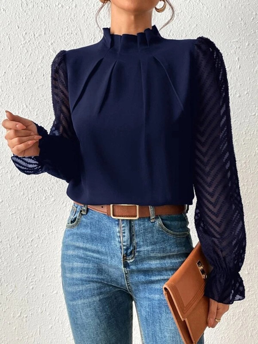 Mock Neck Long Chevron Sleeve Blouse - Bazaare Mart