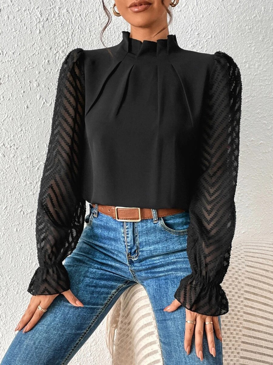 Mock Neck Long Chevron Sleeve Blouse - Bazaare Mart