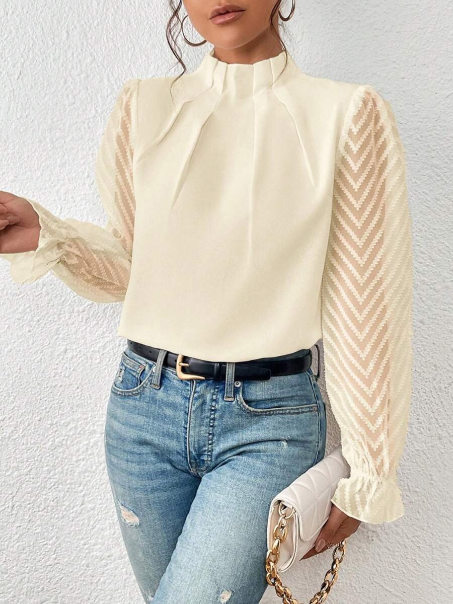 Mock Neck Long Chevron Sleeve Blouse - Bazaare Mart