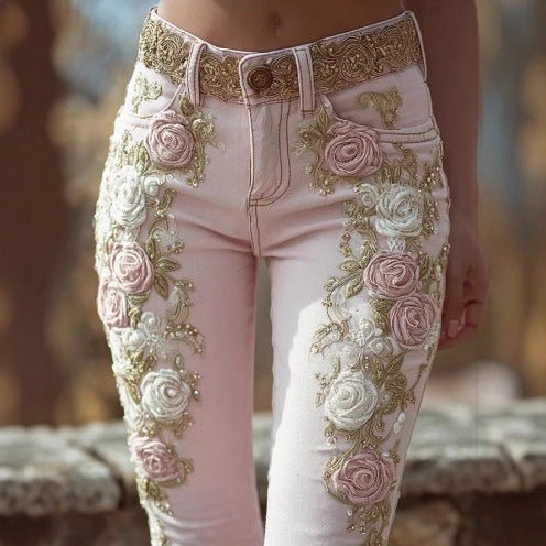 Pink 3D Rose Embroidered Jeans - Bazaare Mart