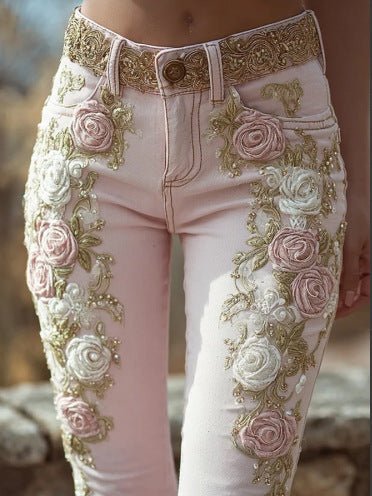 Pink 3D Rose Embroidered Jeans - Bazaare Mart