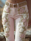 Pink 3D Rose Embroidered Jeans Pink Bazaare Mart Rose Embroidered Jeans