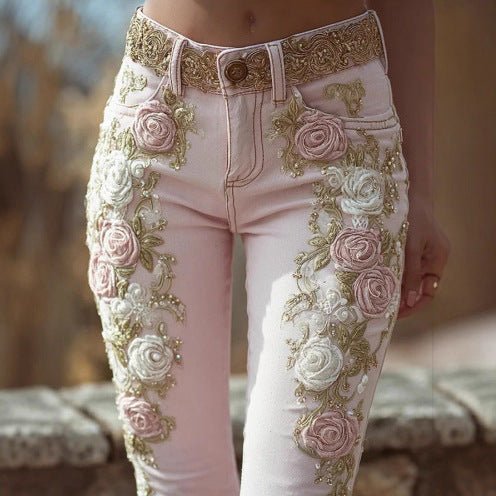 Pink 3D Rose Embroidered Jeans - Bazaare Mart