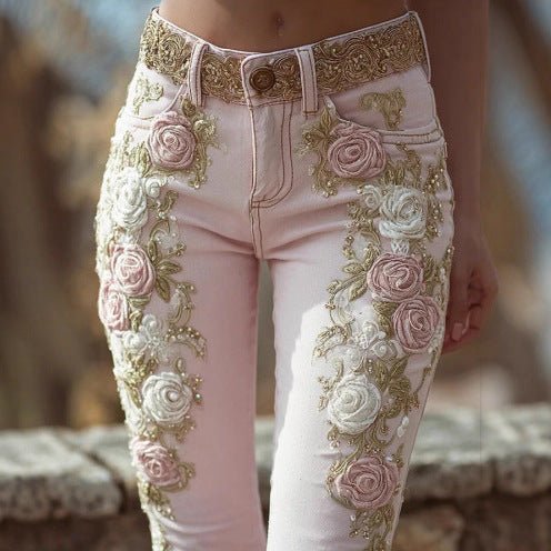 Pink 3D Rose Embroidered Jeans - Bazaare Mart