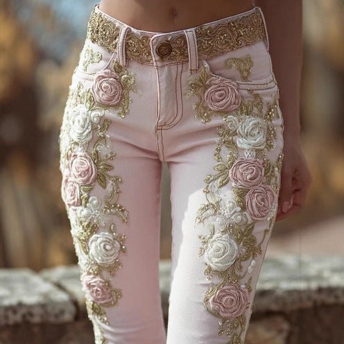 Pink 3D Rose Embroidered Jeans - Bazaare Mart