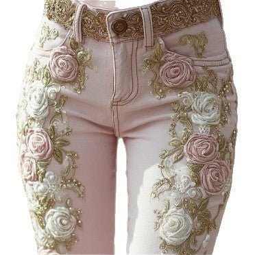 Pink 3D Rose Embroidered Jeans - Bazaare Mart