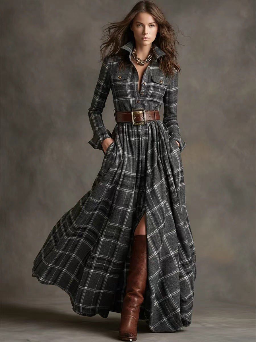 Plaid Long Sleeve Button Up Maxi Dress - Bazaare Mart