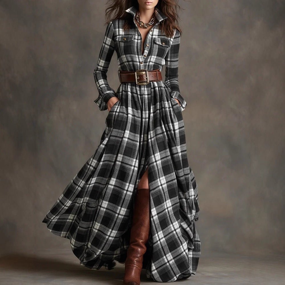 Plaid Long Sleeve Button Up Maxi Dress - Bazaare Mart