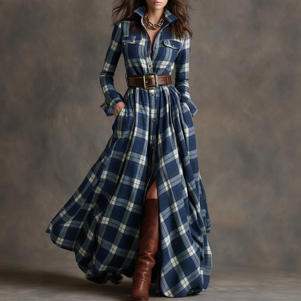 Plaid Long Sleeve Button Up Maxi Dress - Bazaare Mart