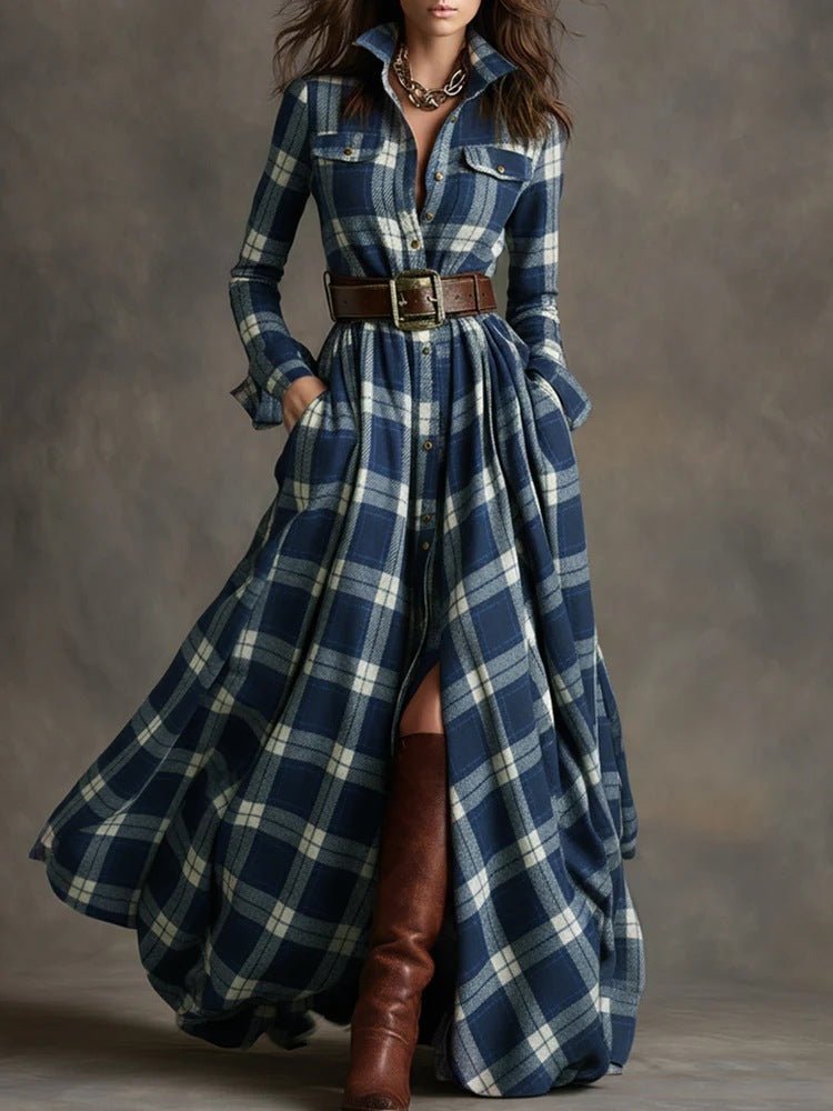 Plaid Long Sleeve Button Up Maxi Dress - Bazaare Mart